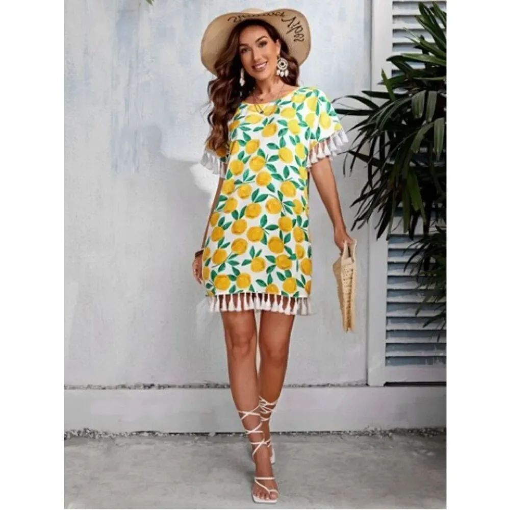 SHEIN Yellow Lemon-Print Tassel Swim Coverup
